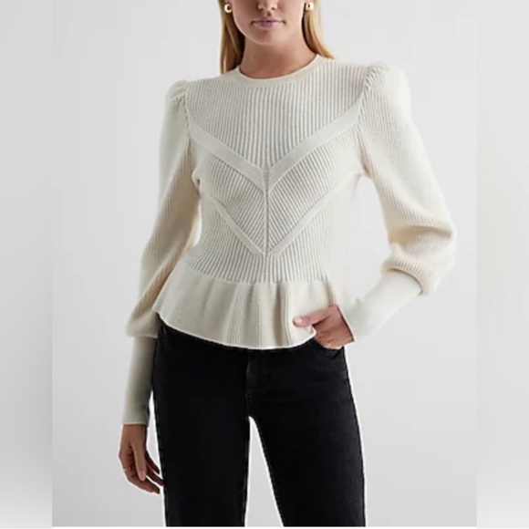 EXPRESS Cream Ribbed Crew Neck Puff Sleeves Peplum Sweater | Size S - Picture 7 of 7